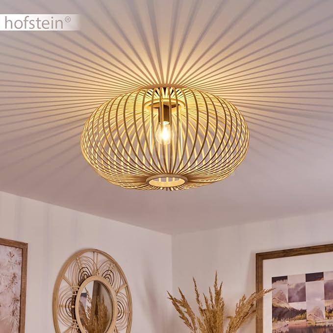 hofstein Plafondlamp Oravi, ronde plafondlamp van hout/metaal in naturel/zwart, raster-look lamp met geweldige lichteffecten aan het plafond, Ø 50 cm, 1 vlam, 1 x E27, zonder gloeilamp photo 2