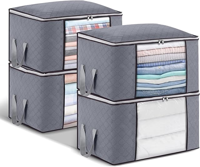 4Pack 90L Large Capacity Clothes Storage Bag Solution Organizer with Zips,Reinforced Handles Thick Fabric Foldable Duvet Storage Bag Anti-Mold Closet Storage Boxes for Comforters,Blankets,Bedding Grey