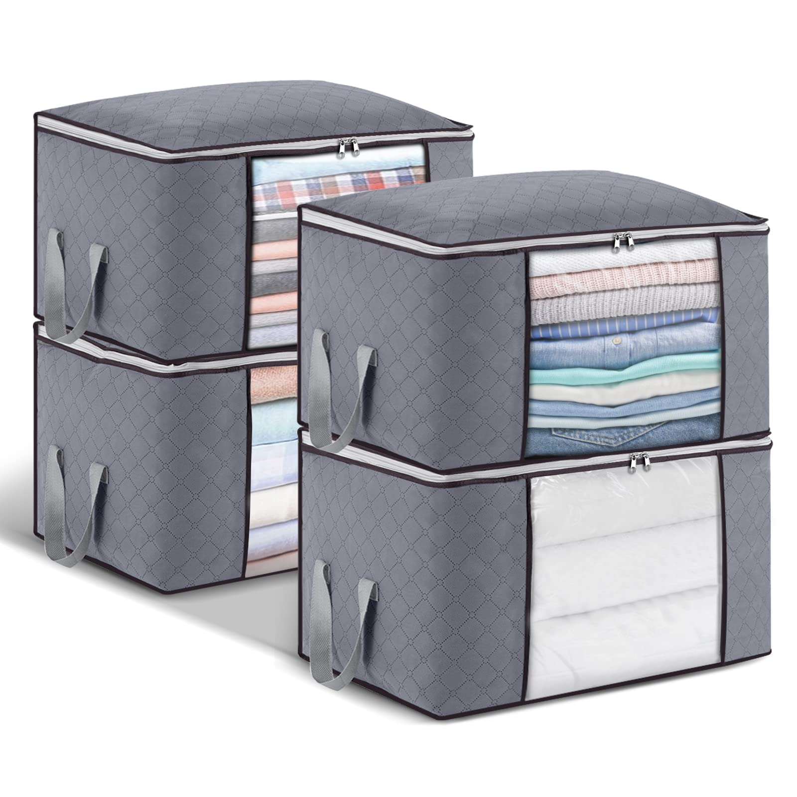 4Packs Large Capacity Clothes Storage Bag Organizer with Zips,Reinforced Handles Thick Fabric Foldable Duvet Storage Bag Anti-Mold Closet Storage Boxes for Comforters,Blankets,Bedding Dark Grey
