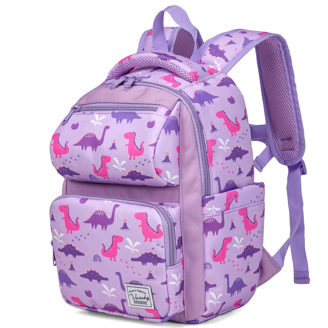 VASCHY Toddler Backpack for Girls, Kids Cute Kindergarten Daycare Children 7L Small Backpack Bookbag for School Travel Lilac Dinosaurs