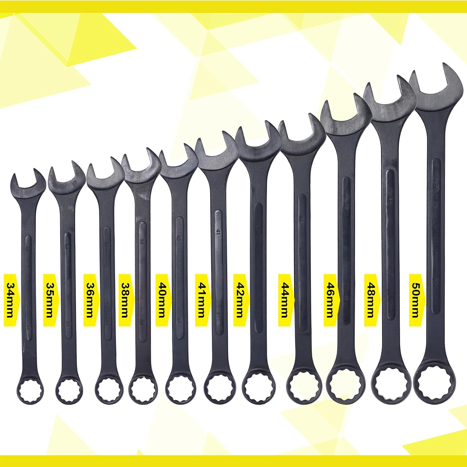 Jumbo Wrench Set, Metric, 34, 35, 36, 38, 40, 41, 42, 44, 46, 48, 50mm, Large Combination Wrench Set, Black Oxide Finish with Pouch(11PC-Metric)