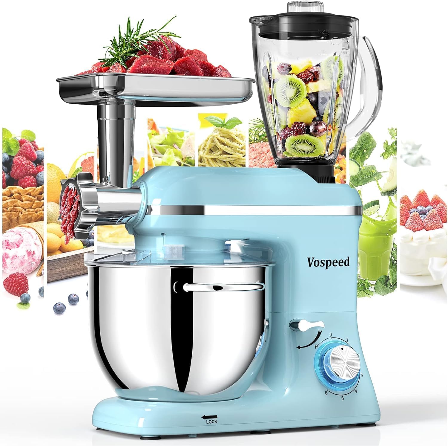 Vospeed 9 IN 1 Stand Mixer, 850W Tilt-Head Multifunctional Electric Mixer with 8 QT Stainless Steel Bowl, 1.5L Glass Jar, Meat Grinder, Hook, Whisk, Beater Dishwasher Safe