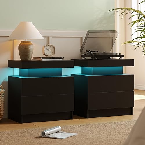 Miniatura 10 de Juego de 2 mesitas de noche LED, juego de 2 mesitas de noche modernas, tiras de luz LED multicolor, cajón deslizante, almacenamiento de gran