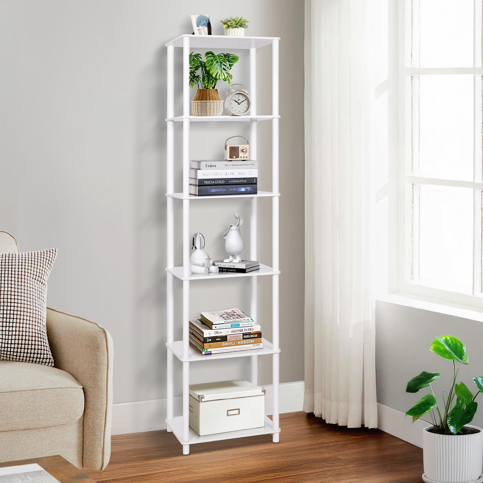 YGYQZ Regal, Bücherregal, 6 Regal Weiß Schmal Stufiges Hohes Standregal, Schlankes Eckregal, Vintage Offene Ablagen für Schlafzimmer Wohnzimmer, 160 x 40 x 30 cm Küche, Haushalt & Wohnen