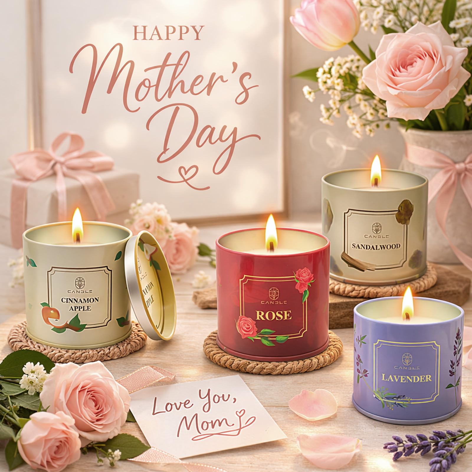 Duftkerzen, Sojawachs, langlebig, Rosen-Lavendel, Sandlaholz, Apfelduft, Geschenke für Frauen, Muttertag, Erntedankfest, Weihnachten, 4 Stück