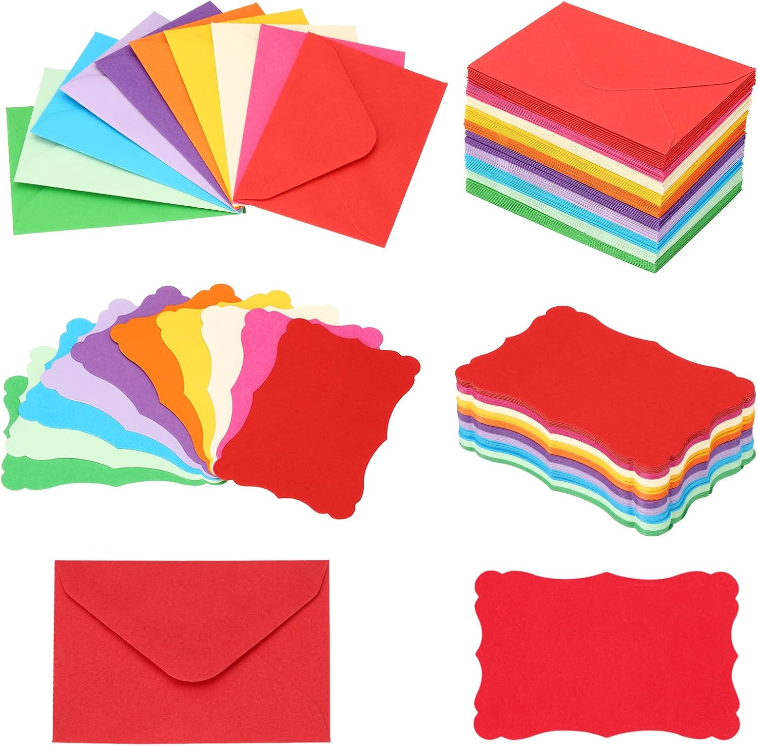 PATIKIL 3.7"x2.4" Mini Envelopes with Blank Paper Business Cards, 200 Pack Small Index Flash Cards Words Message Note Card Mini Paper Tags Lace, Colorful