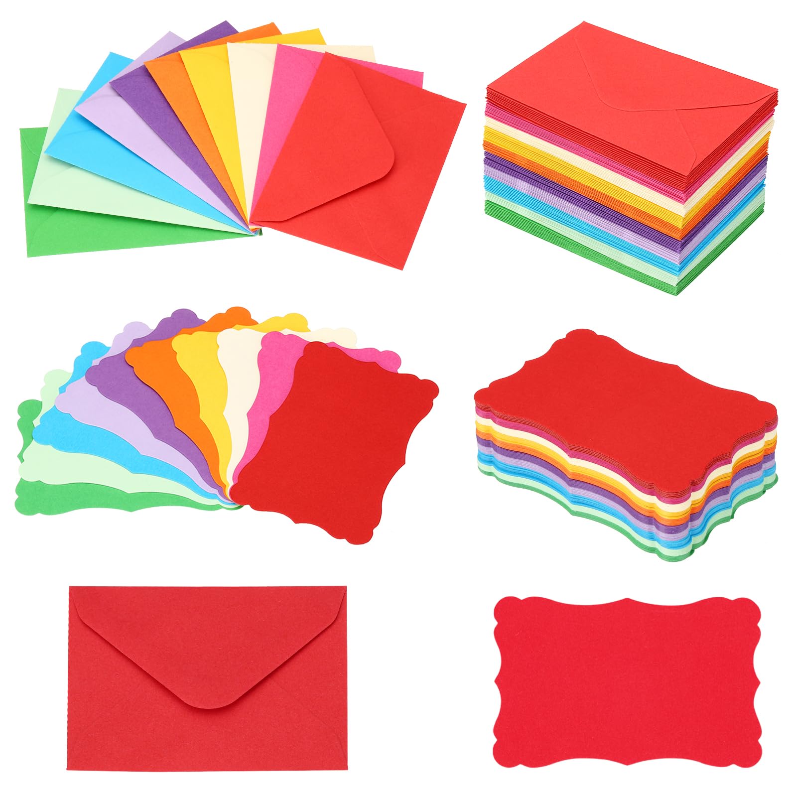 PATIKIL 3,7"x2,4" Mini Envelopes with Biglietti Visita Carta Bianche Vuote, 200pz Schede Flash Indice Piccolo Scheda Nota Messaggio Parole Minicarta Tag PizzoColorato