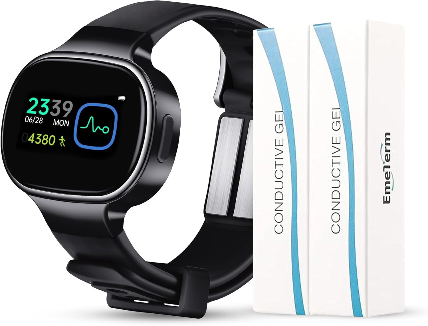 EmeTerm Smart FDA-Cleared Anti-Nausea Wristwatch Touchscreen IP67 Waterproof Morning Motion Sickness Relief Rechargeable Fast Acting Drug Free (Black - Extra 2pack Conductive Gel)