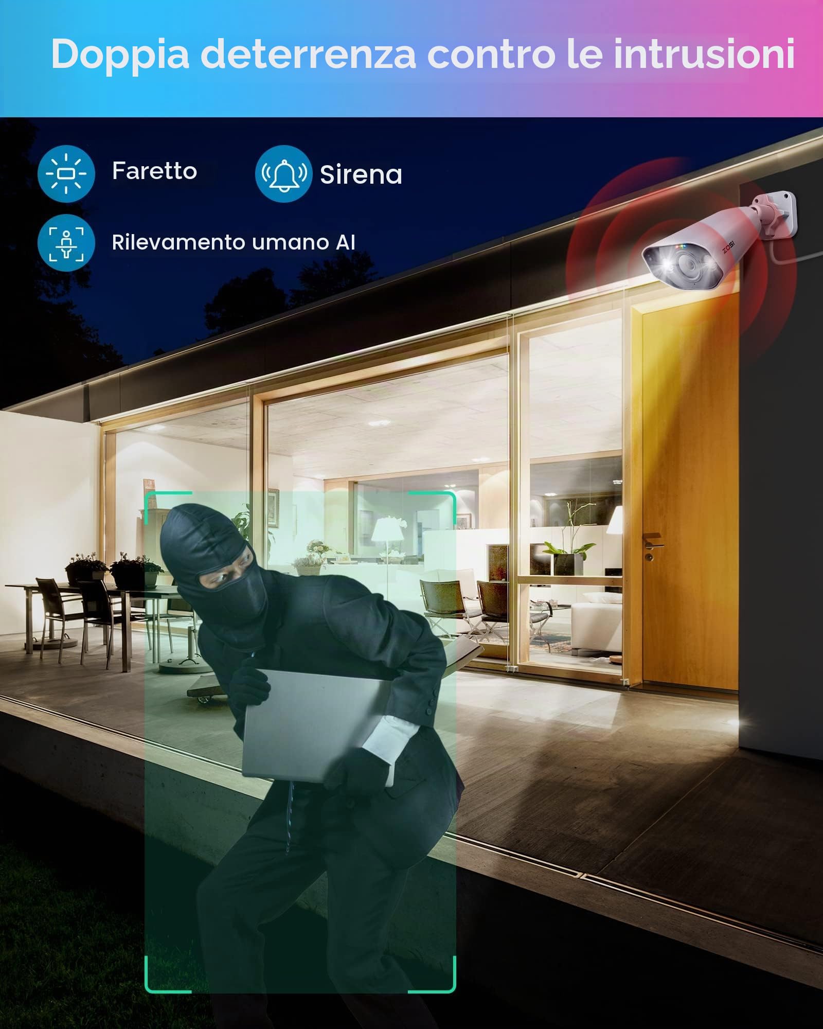 ZOSI 5MP Telecamera di Sorveglianza Esterna PoE, Audio Bidirezionale, Rilevamento Persona/Auto, Allarme Acustico e Luminoso, Solo per il Nostro PoE NVR, Accesso Remoto, C182
