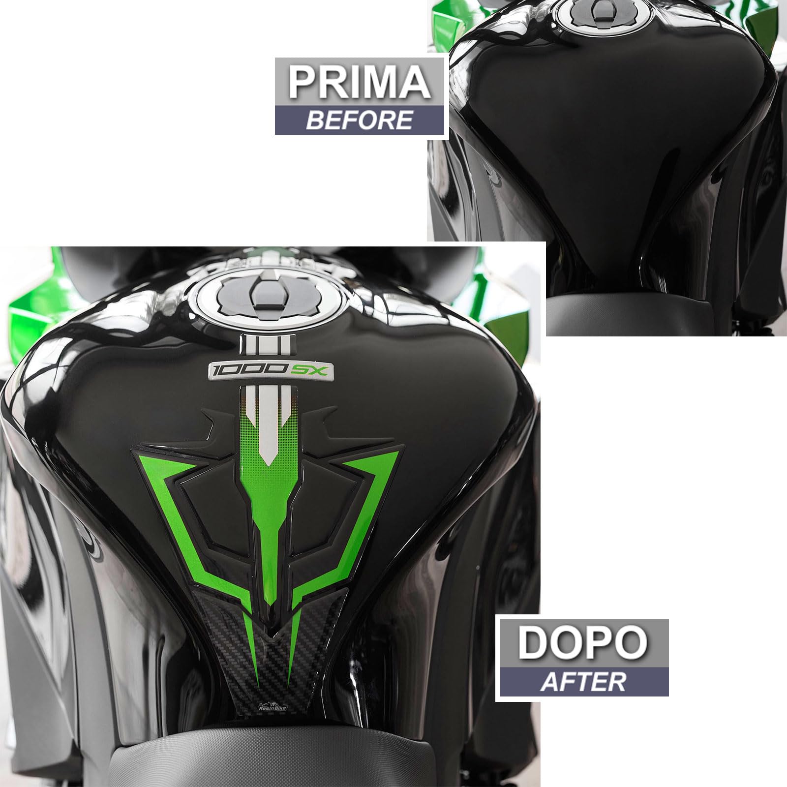 Resin Bike naklejki moto kompatybilne z Kawasaki Ninja 1000 SX 2024. Ochrona zbiornika paliwa przed uderzeniami i zarysowaniami. Naklejki żywiczne z efektem 3D, wykonane we Włoszech