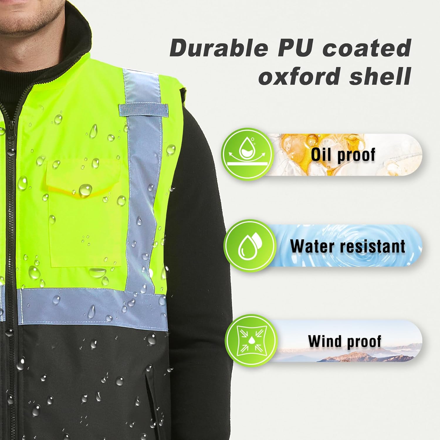 ProtectX Winter Safety Vest High Visbility Insulated Construction Vest Class 2 Hi Vis Workwear with Pockets, Green, Large - Image 2