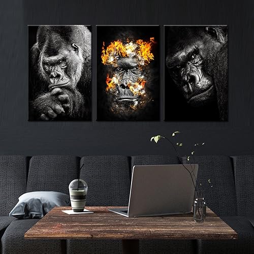 Miniatura 2 de KREATIVE ARTS 3 impresiones en lienzo con diseño de gorila occidental de las tierras bajas de animales negros y blancos, impresiones artísticas