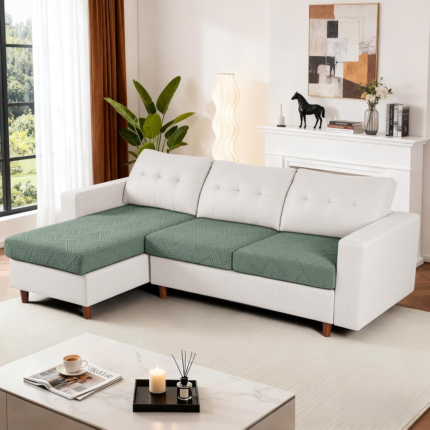 Ruaozz Couch Cushion Covers for Sectional Sofa Stretch Seat Cushion Covers Washable Sofa Slipcovers for L Shaped Soft Furniture Protector Pet Friendly (2 PC Seat + 1 PC Chaise Cover, Sage Green)