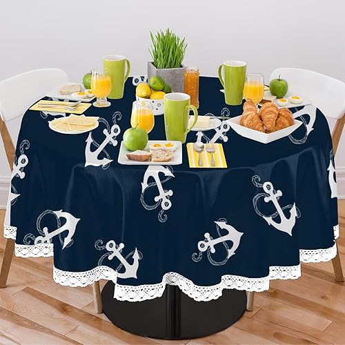 Miniatura 2 de Mantel redondo náutico con ancla de mar de 60 pulgadas, resistente a las manchas, mantel redondo de poliéster para comedor, cocina, fiesta,