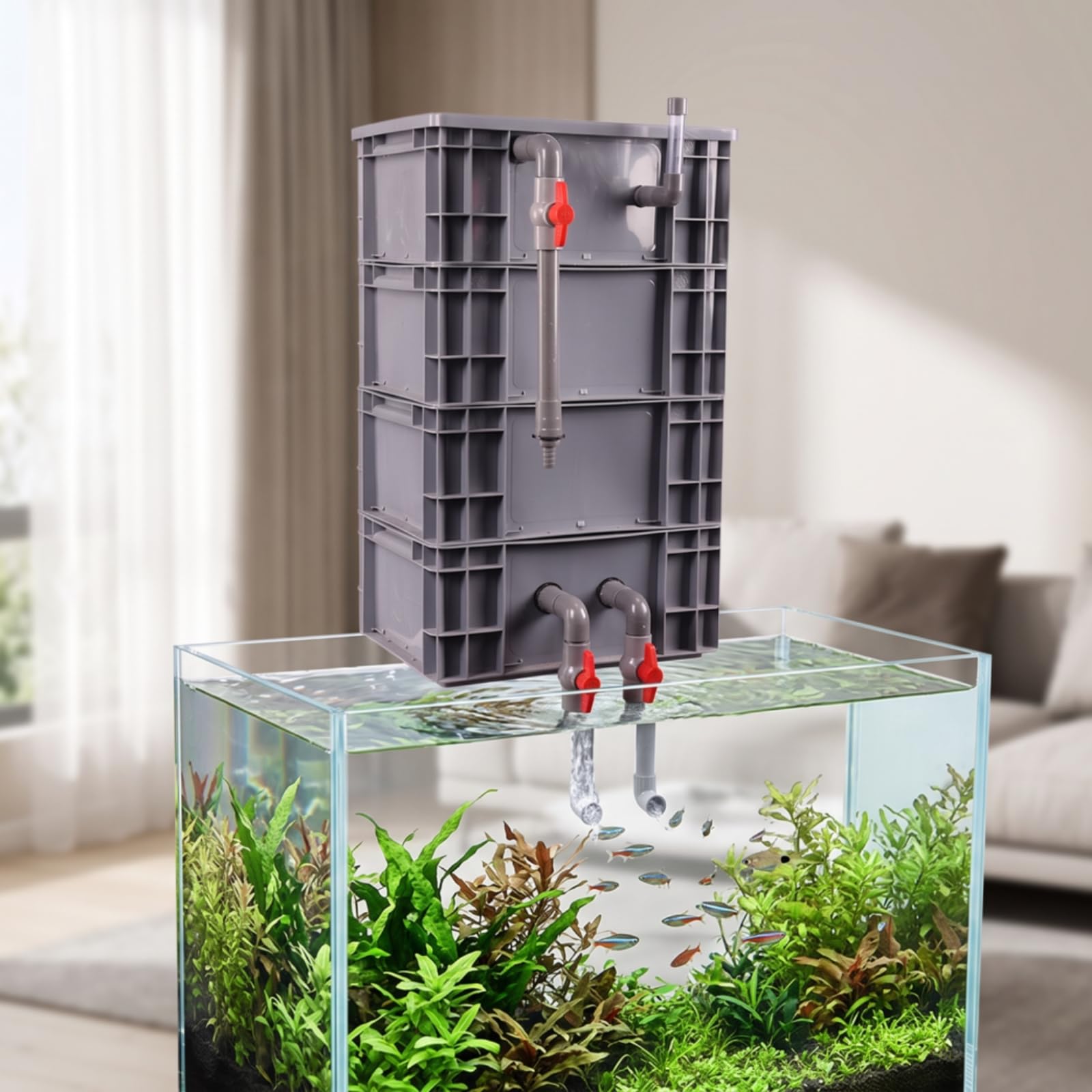Aufsatzfilter Biologisch Filtergehäuse mit Ventilen Filterbehälter für Fischbecken, Klein, 3 Schichten 30x20x33cm