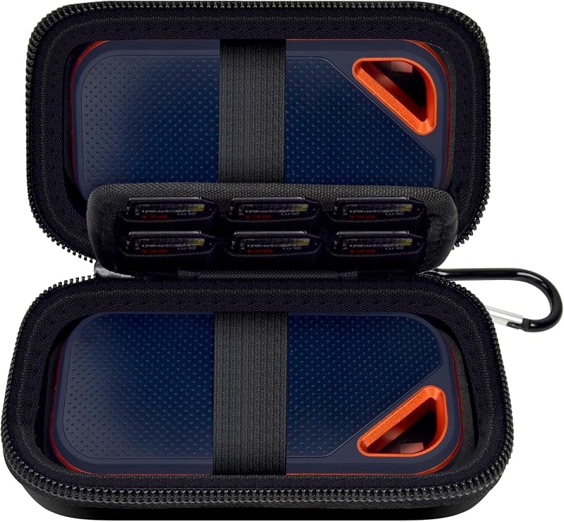 Dual SSD Case for SanDisk Extreme Portable SSD and Extreme PRO | Holds 2 Drives & 12 SD Cards, Elastic Strap Fit 500GB/1TB/2TB/4TB/8TB, Cable Groove and Carabiner for Travel, Black,Case Only