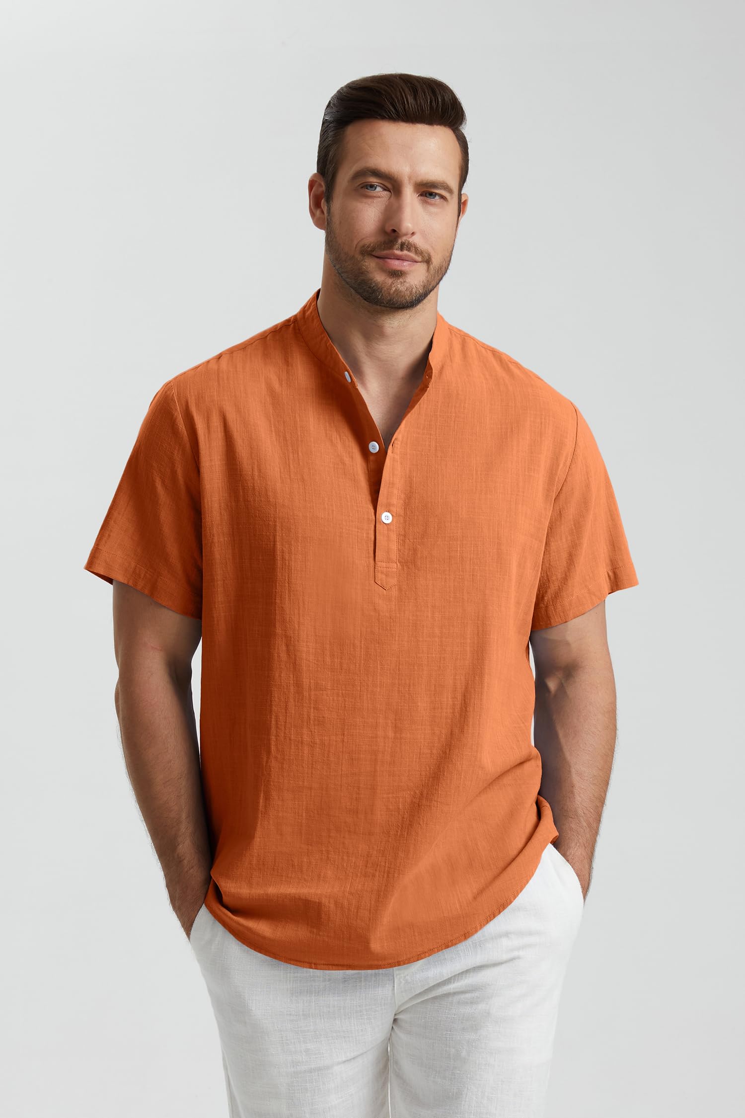 Enlision Chemise Lin Homme Manches Courtes Col Mao Chemise Été Hommes Leger en Coton Lin Chemise de Plage Classique Casual Henley Shirt S-4XL
