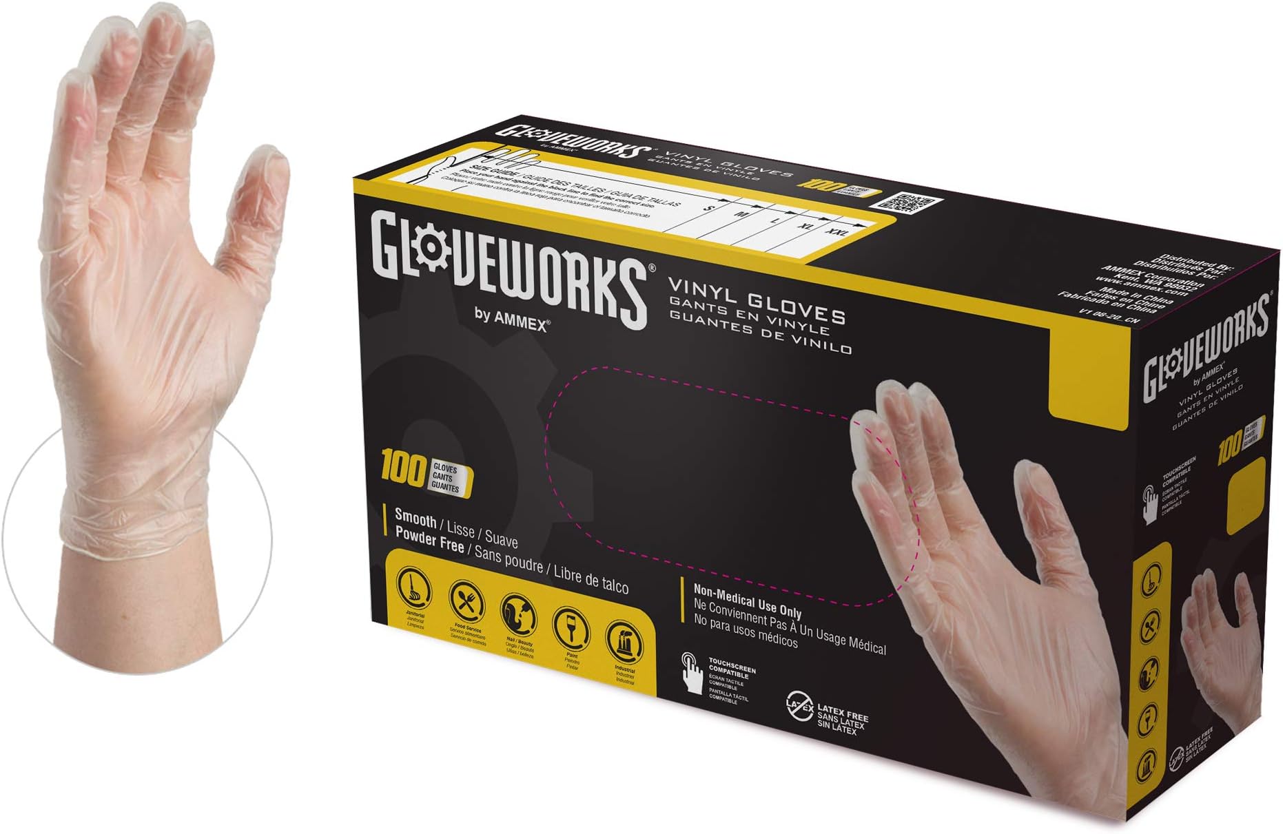 GLOVEPLUS AMMEX Industrial Clear Vinyl Gloves, Latex Free, Powder Free, Food Safe, Disposable, Non-Sterile