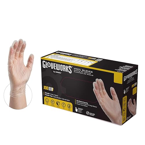 Guantes de vinilo Gloveplus sin polvo de grado industrial, estuche de (1000), L, Transparente, 100