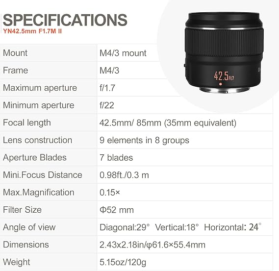 YONGNUO YN42.5mm F1.7M II التركيز التلقائي عدسة ثابتة رئيسية لكاميرات Micro Four Thirds Black