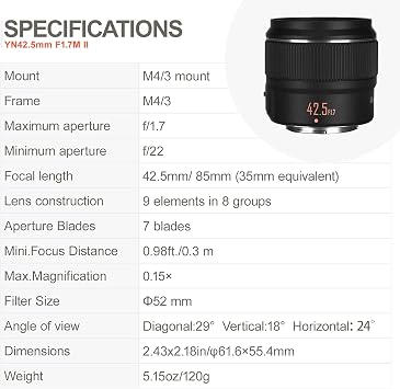 YONGNUO YN42.5mm F1.7M II التركيز التلقائي عدسة ثابتة رئيسية لكاميرات Micro Four Thirds Black