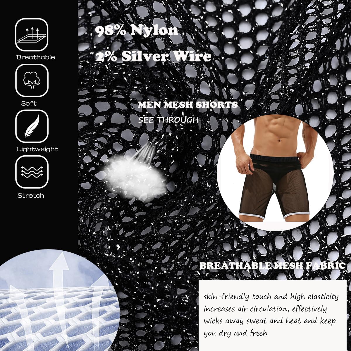 ZONBAILON Mens Mesh Shorts Sexy Lounge Sparkling See Through Hollow Boxer Shorts Breathable - Image 6