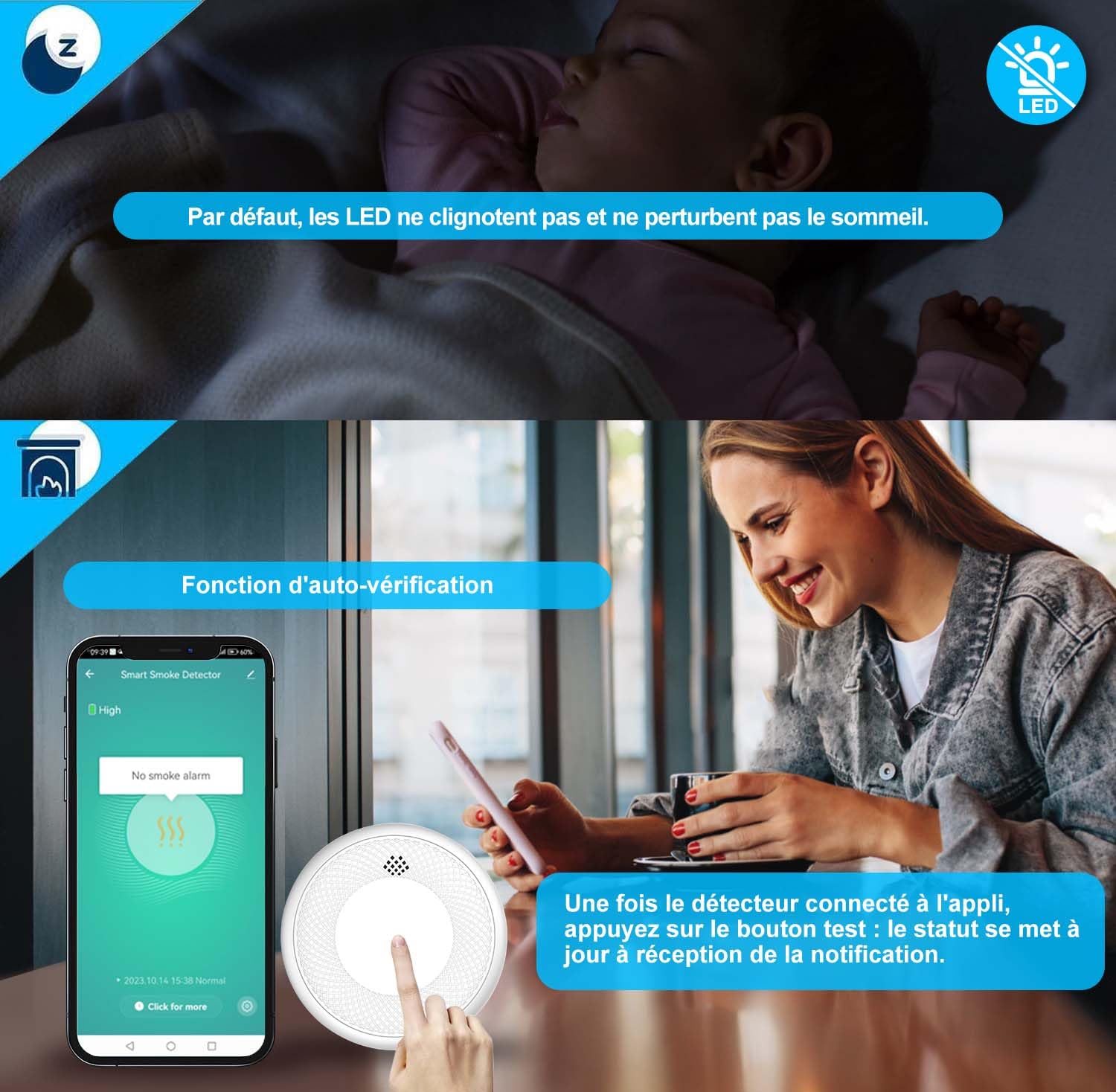 Détecteur de fumée Wi-FI Intelligent, Batterie de 10 Ans avec Notification d'App, Fonction silencieuse et Auto-Test, Conforme à la Norme en 14604 (Compatible avec l'App Tuya/Smart Life)-1 pièces
