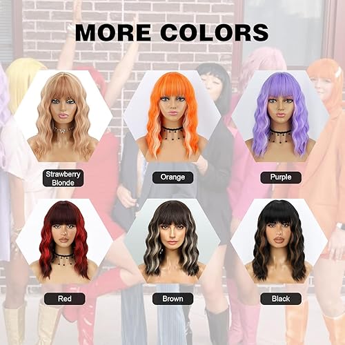 Miniatura 6 de Peluca corta con flequillo  Peluca ondulada naranja para mujer  Resistente al calor  Longitud al hombro  Uso diario en fiestas (mezcla de rubio