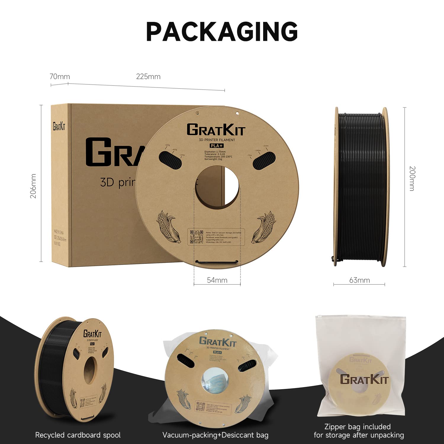 GratKit Filament PLA Plus 1,75 mm, filament do drukarki 3D, +/-0,03 mm, 1 kg, PLA+, czarny