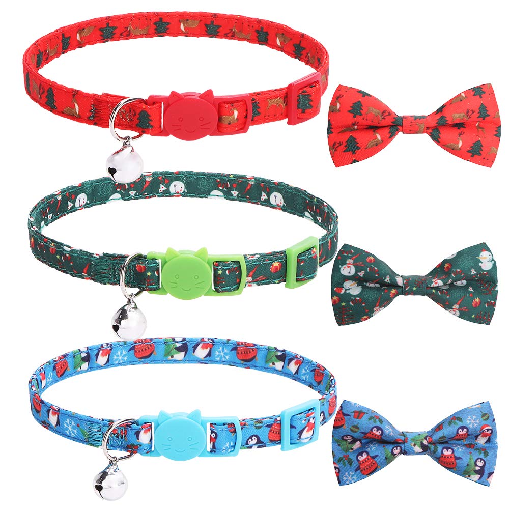 KOOLTAIL 3 PACK Christmas Cat Collar With Bowknot Classic Xmas Tree,Snowman and Penguin Pattern,Cat Christmas Accessories