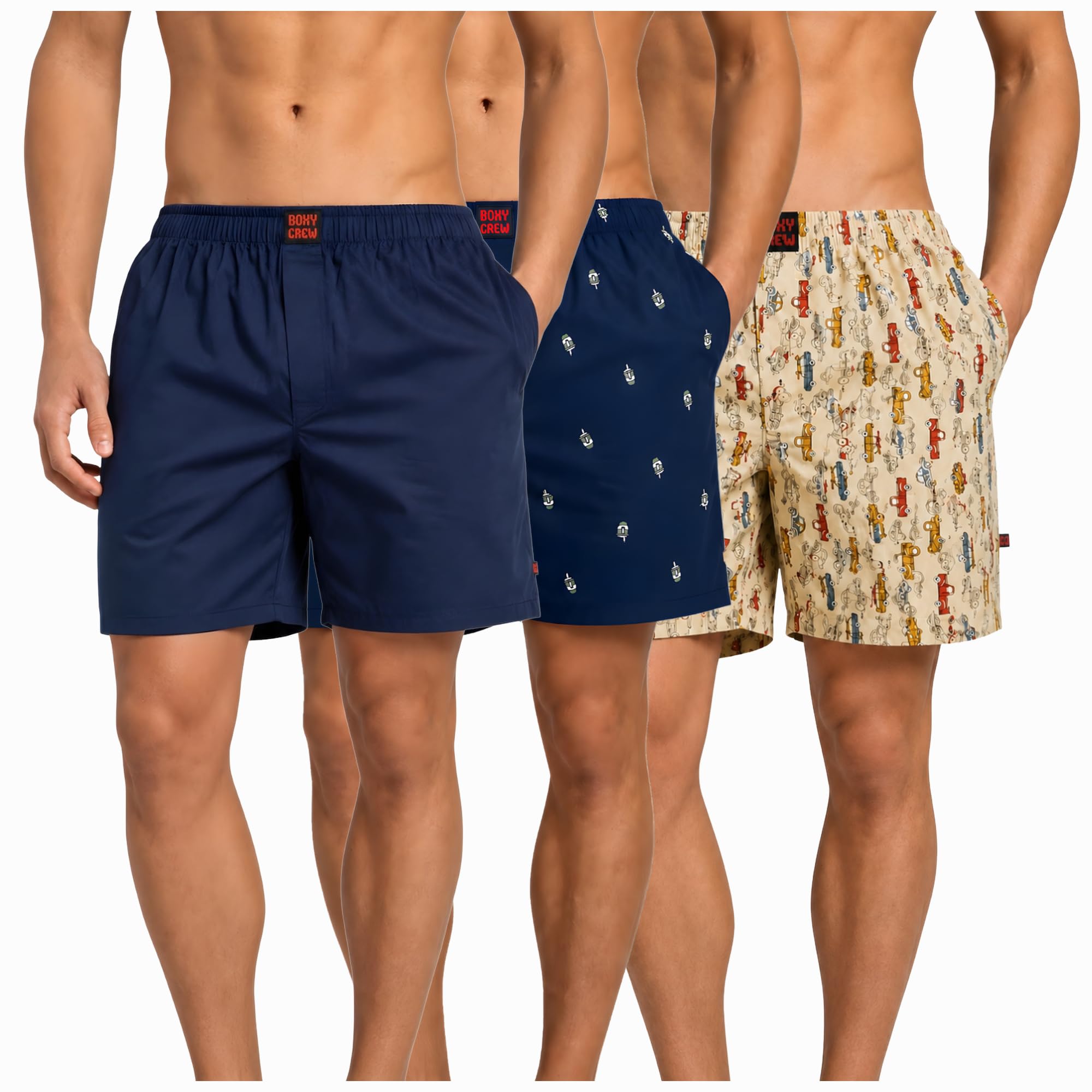 Men's 100% Cotton Boxer Shorts Pack of 3, Navy Blue, Navy Blue & Beige | Woven Boxers with Side Pockets, No-Marks Elastic Waistband, Breathable Relaxed Fit | Style 002-011-013-image-44