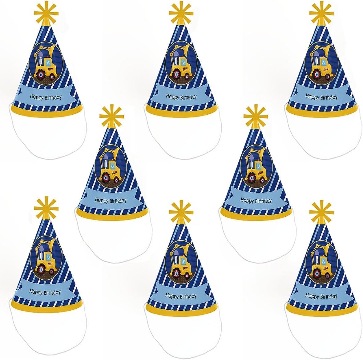 Big Dot of Happiness Construction Truck - Cone Happy Birthday Party Hats for Kids and Adults - Set of 8 (Standard Size) : Toys & Games