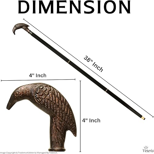 Miniatura 2 de Raven - Bastón hecho a mano con mango de cabeza de cuervo de latón macizo y eje de madera de primera calidad, para apoyo, cosplay o coleccionistas