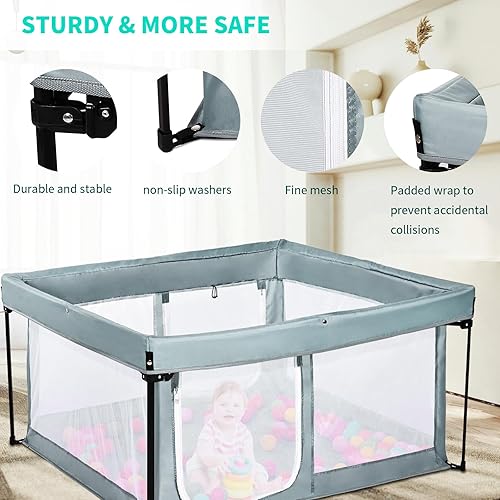 Miniatura 3 de Corralito portátil para bebés con suelo acolchado, patio de juegos plegable para bebés y niños pequeños, cerca para interiores y exteriores (gris,