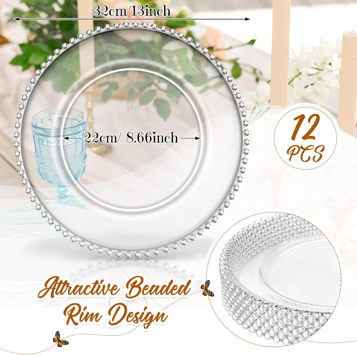 Hoolerry 12 Pcs Clear Charger Plates Bulk 13 Inch Plastic Round Dinner Plate with Beaded Rim Acrylic Round Plates Decorative Charger Service for Home Birthday Wedding Party Events Table Decor
