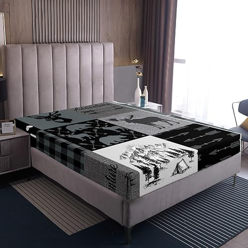 Miniatura 93 de Sábana bajera ajustable de oso de caza, juego de ropa de cama a cuadros de búfalo, sábanas de retazos de cabaña rústica para niños, niños, Multi