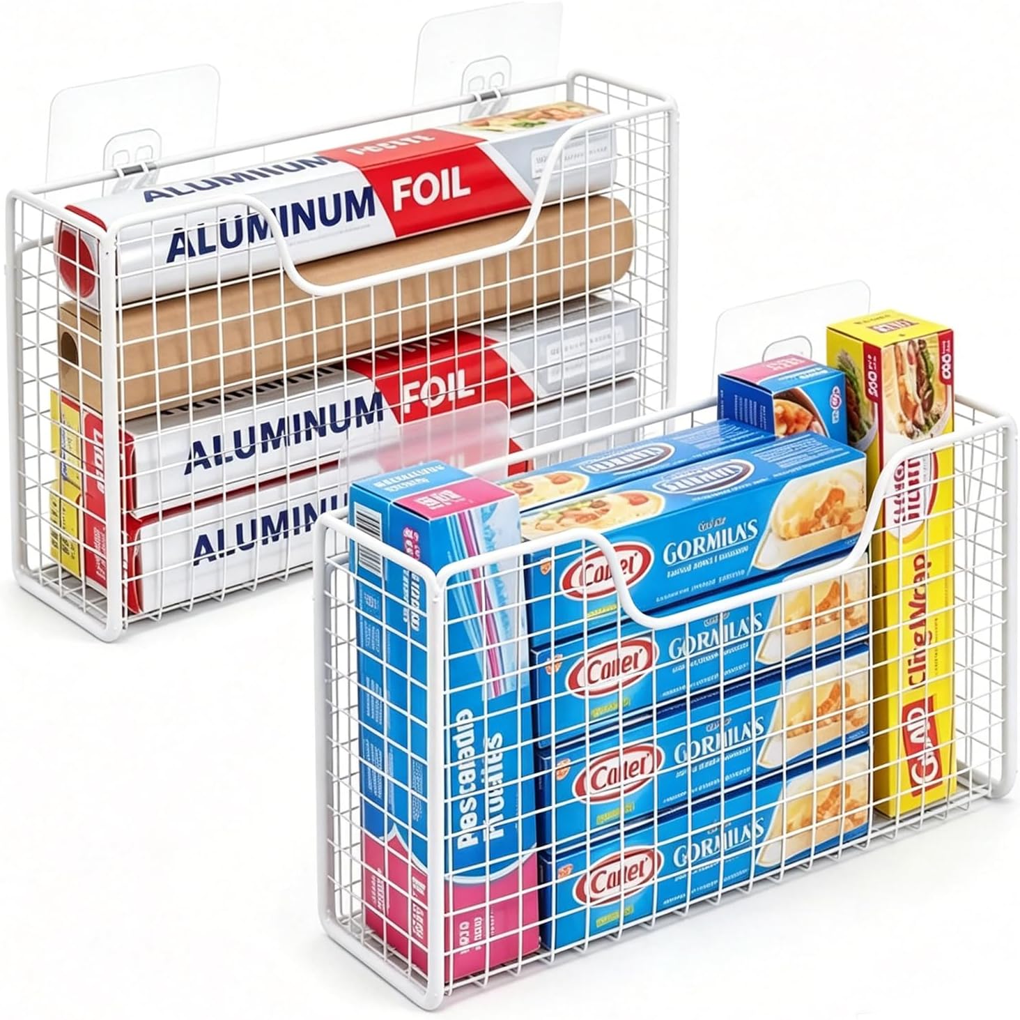 2 Pack Aluminum Foil Organizer, Foil and Plastic Wrap Organizer, Pantry Kitchen Cabinet Door Organizers, Self Adhesive Wall Mounted Storage Hanging Basket for Ziplock Bag, No-Drill, Mesh Metal