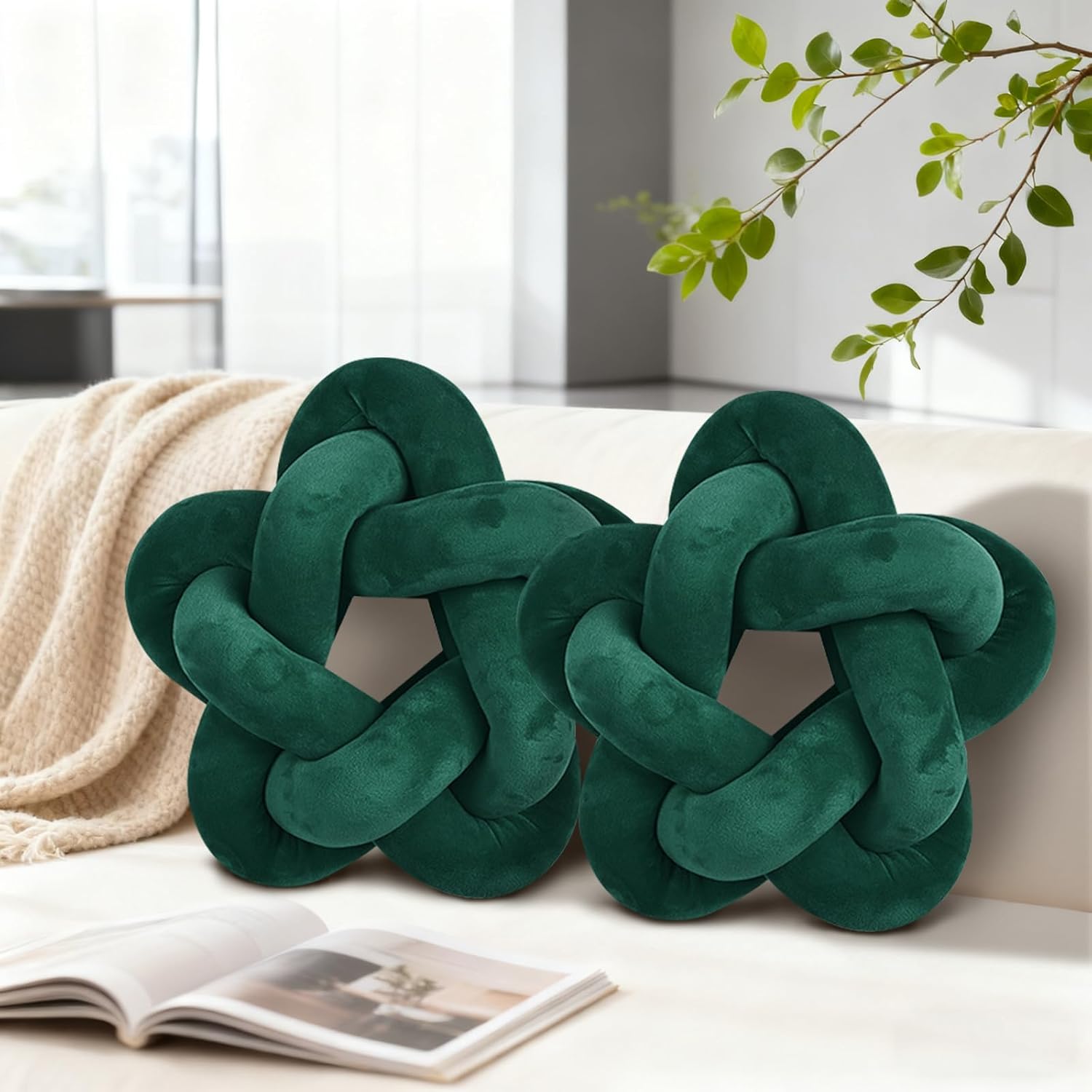 2 Piece Knot Pillows, Green Throw Pillows Knotted Star Cushion Decorative Plush Pillow for Bedroom Living Room, Emerald Green 12.59"