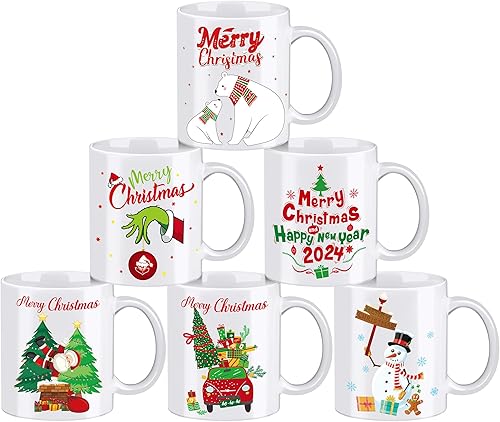 Shojoy 6 tazas de café de Navidad de 13 onzas, taza de café de cerámica con temática navideña, tazas divertidas de Navidad, Año Nuevo, vacaciones