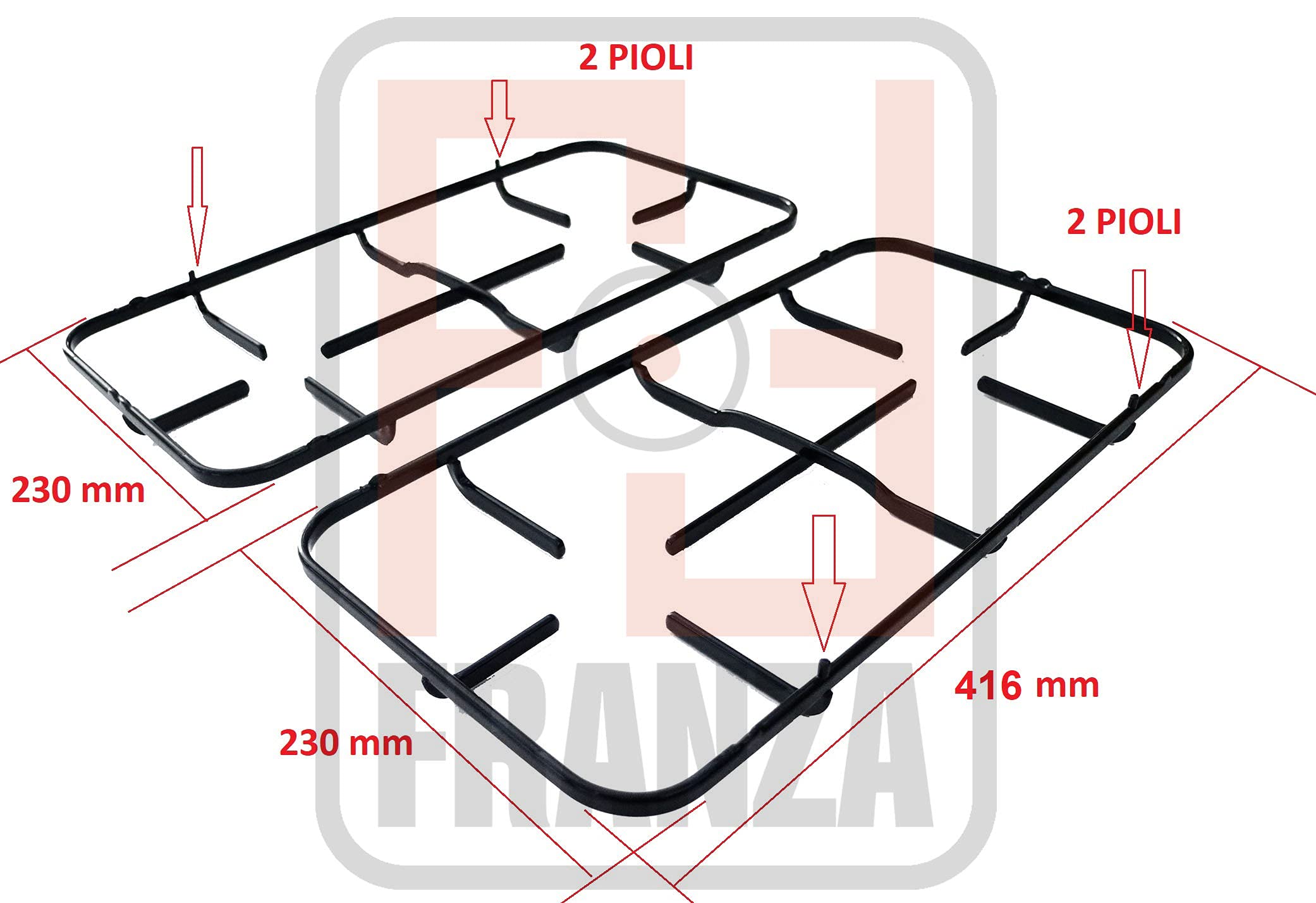 Tecnogas - Kit 2 griglie in ferro smaltato nero lucido 416 x 230 mm. per cucina piano cottura 4 fuochi a gas - P5950/KIT