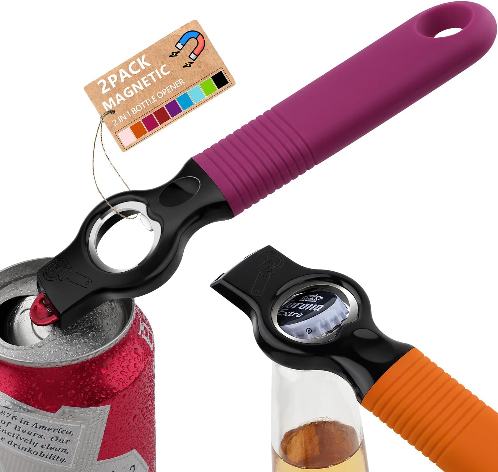2 in 1 Magnetic Soda Can Tab Opener and Beer Bottle Opener Stick to Fridge, 6.9" Bottle Opener for Long Nails, Arthritis, Seniors and Bartender, Good Grip Silicone Handle - 1*Rosy1*Orange