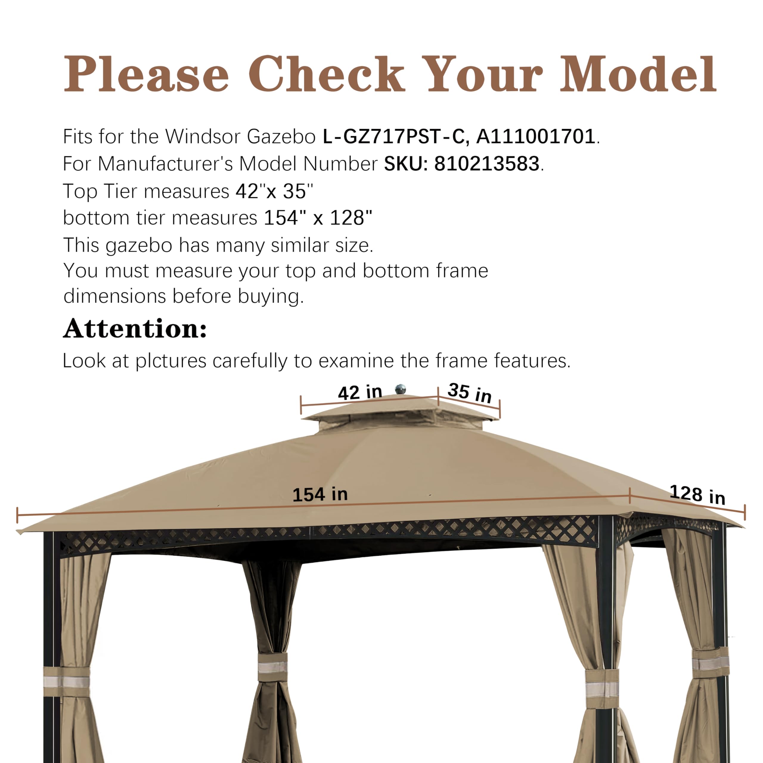 Cubierta de toldo de repuesto para cenador Windsor L-GZ717PST-C, 810213583, South Hampton Gazebo L-GZ659PST, A111011500 (caqui) 2
