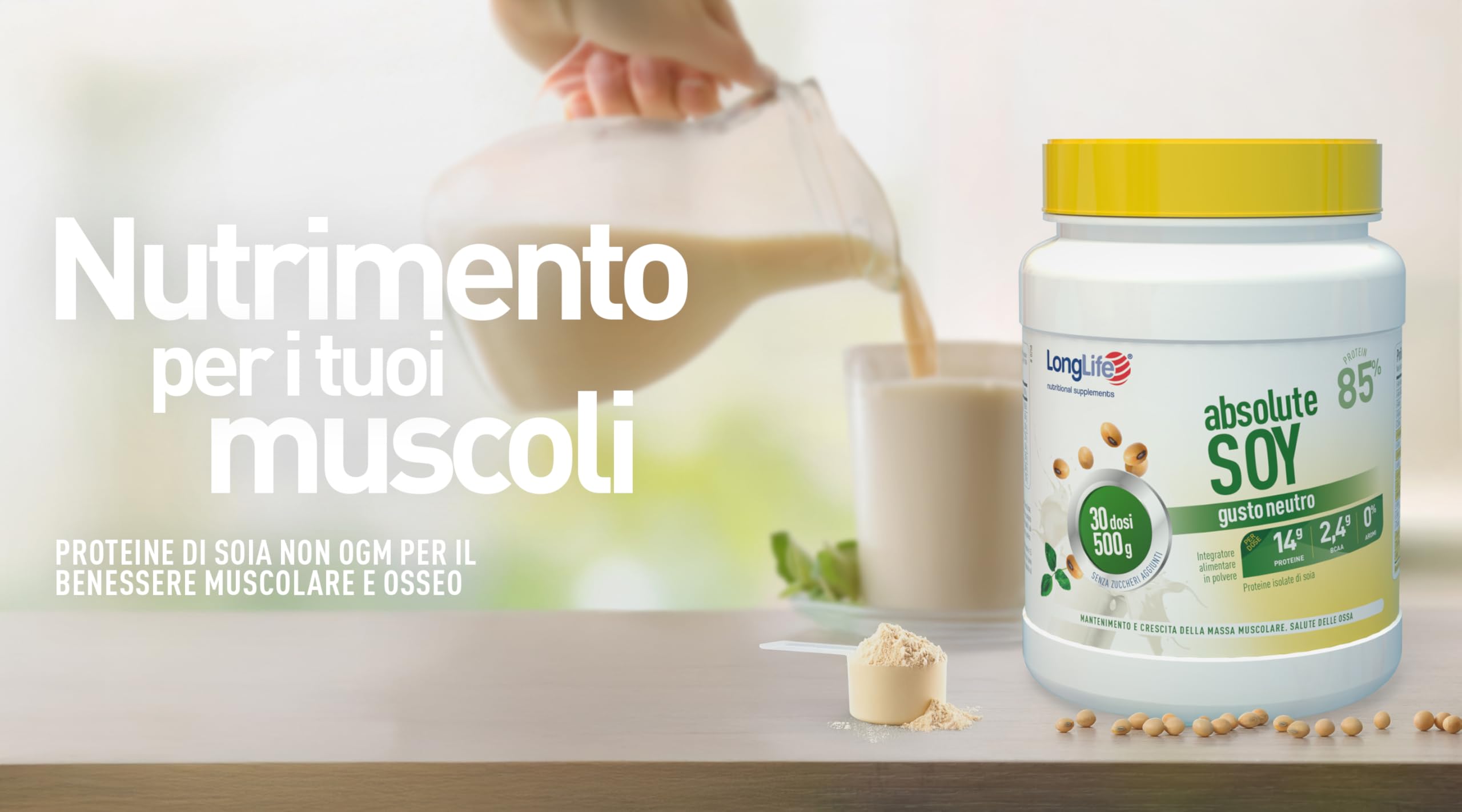 LongLife® Absolute Soy | Proteine isolate di soia 85% | Crescita e mantenimento della massa muscolare | Benessere delle ossa | In polvere | 30 dosi | Vegano e senza glutine
