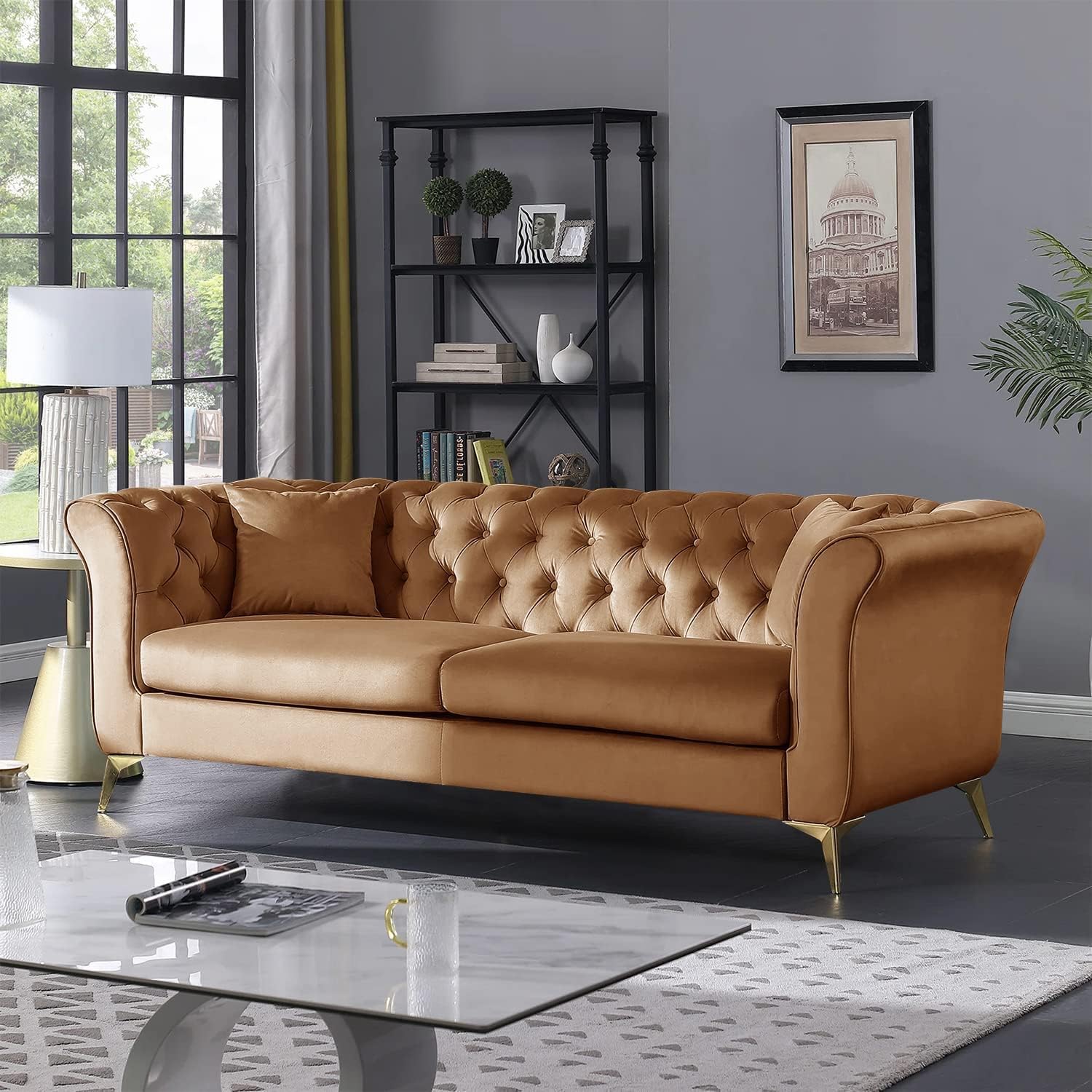 Stylish 3 Seater Velvet Couch Chesterfield Sofa with Golden Metal Legs for mid-Century Sofa for Living Room, Dining Room, Office and Hallway-(Brown).-image-10