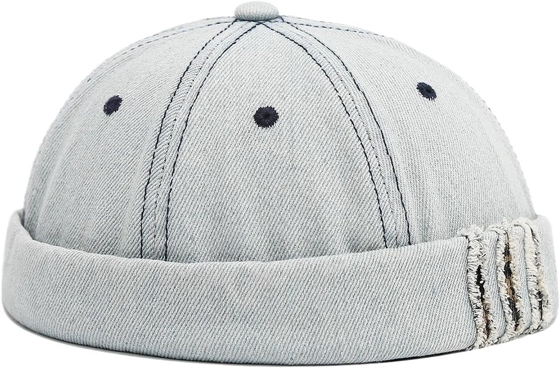 Vintage Washed Denim Brimless Hat for Men & Women Distressed Docker Cap Adjustable Casual Sailor Cap Skullcap Beanie Hat