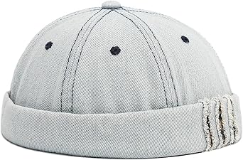 Vintage Washed Denim Brimless Hat for Men & Women Distressed Docker Cap Adjustable Casual Sailor Cap Skullcap Beanie Hat