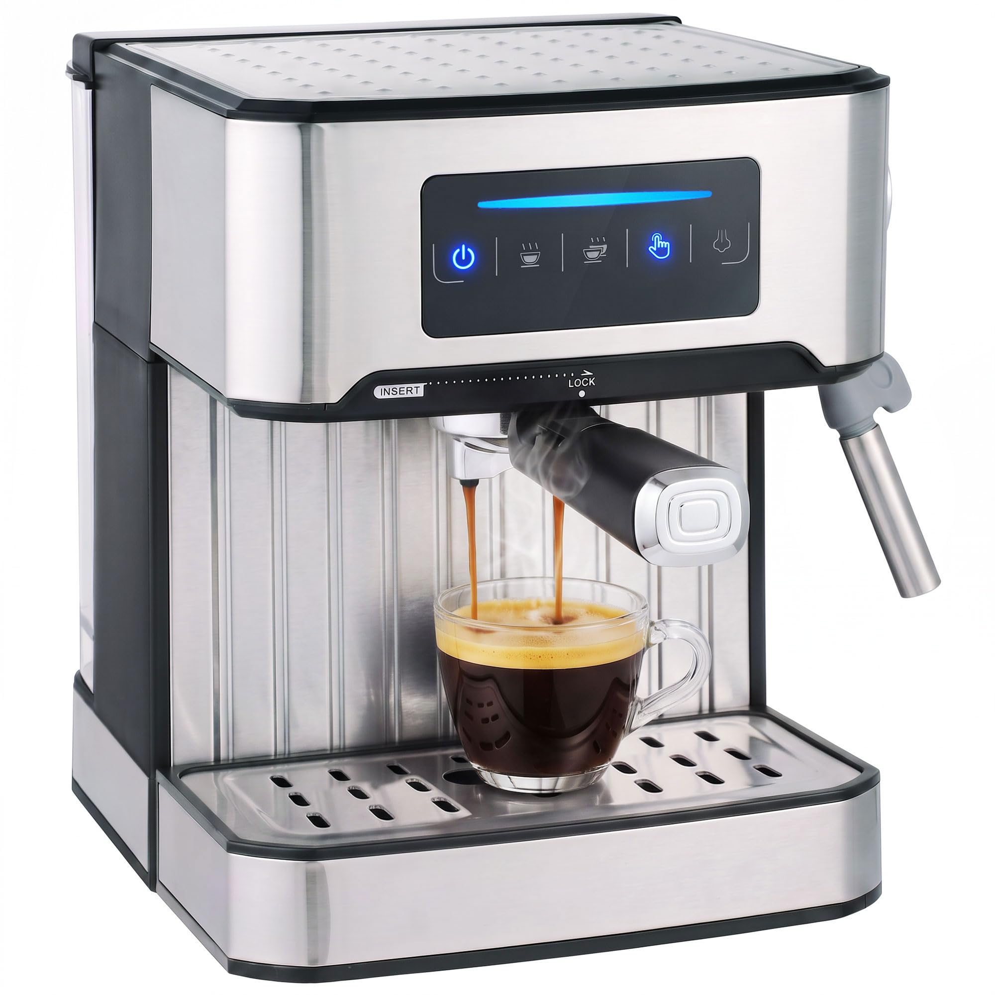 HOMCOM Espresso Machine Coffee Machine Latte Cappuccino Maker | Milk Frother Wand, 1.6 L Water Tank, 850W Semi Automatic 20 Bar, Single/Double/Manual Shot, LED Touch, Hot Water, Cup Warming