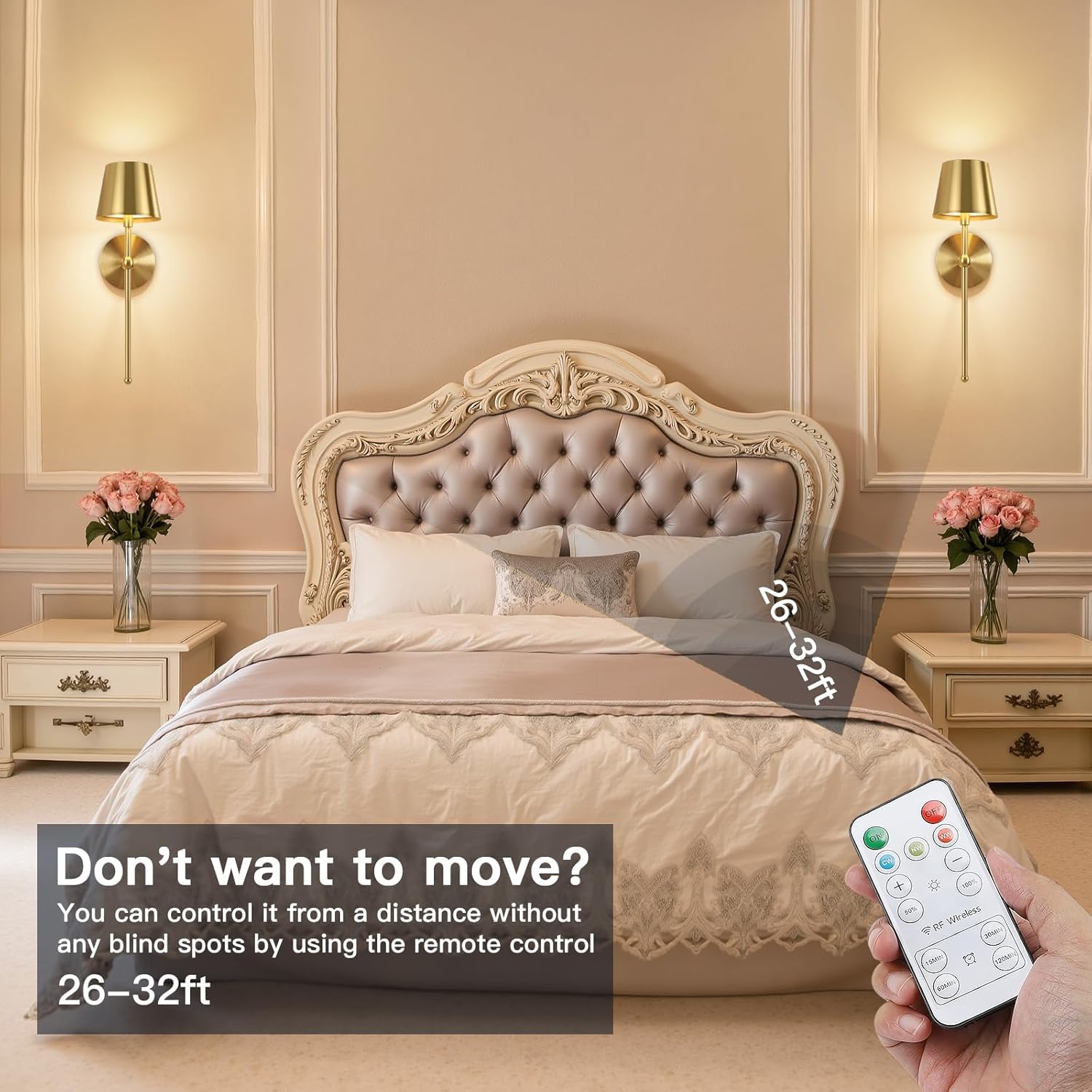 Battery Operated Wall Sconces Set of 2, Wireless Wall Sconce with Remote Dimmable Timer, Rechargeable 5200mAh, Cordless Gold Wall Light for Bedroom Living Room, Hallway, Light Decor