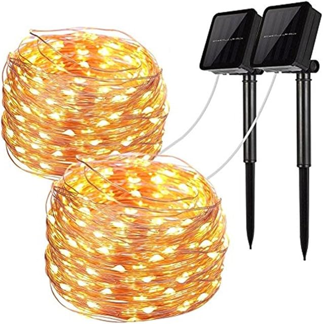 Solar String Lights, 2 Pack 100 LED Solar Fairy Lights 33 ft 8 Modes Copper Wire Lights Waterproof Outdoor String Lights for Garden Patio Gate Yard Party Wedding Indoor Bedroom (Warm White)