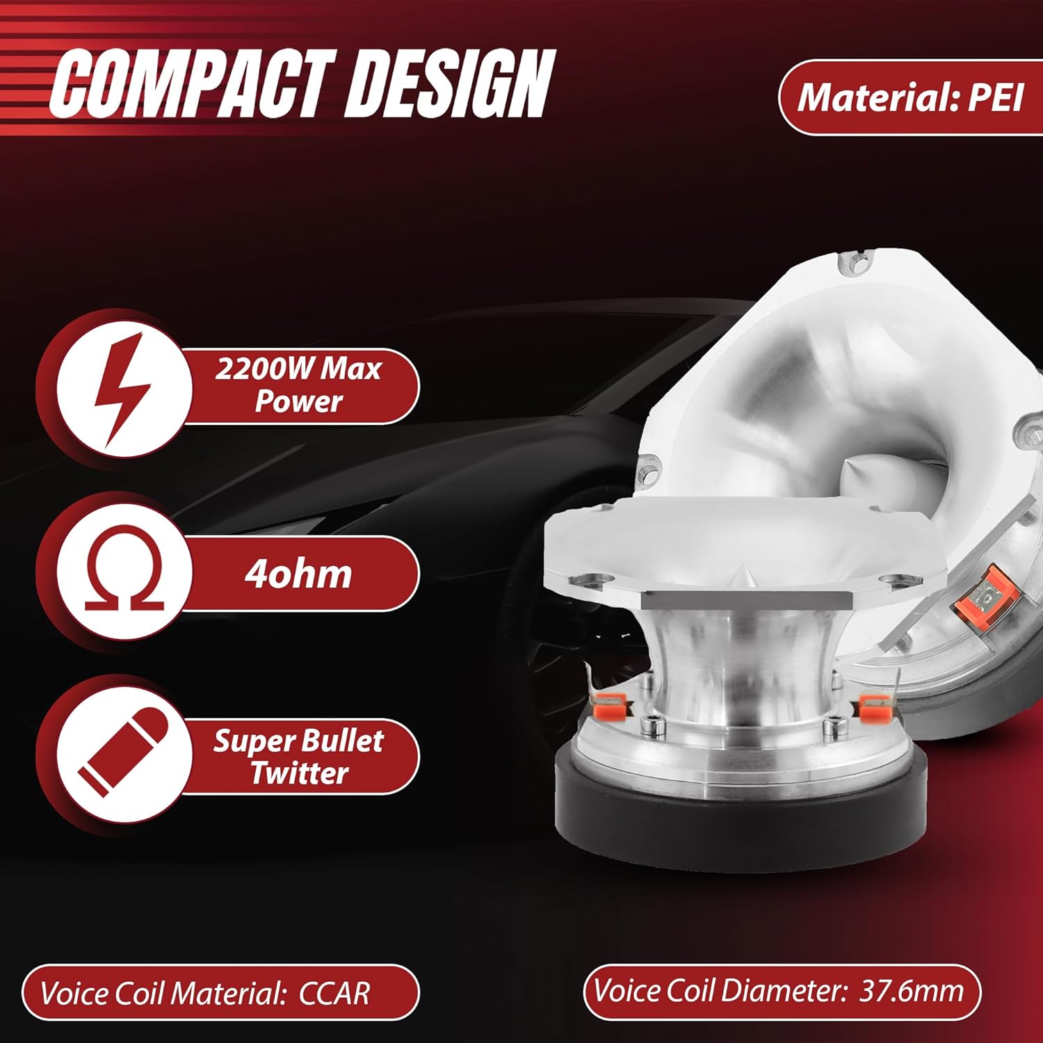 Audio360 AD44TW 3.93-Inch Super Tweeter Speaker, 4 Ohm, 2200W Max Power, 106dB Sensitivity, PEI Diaphragm, CCAR Voice Coil for Pro Car Audio